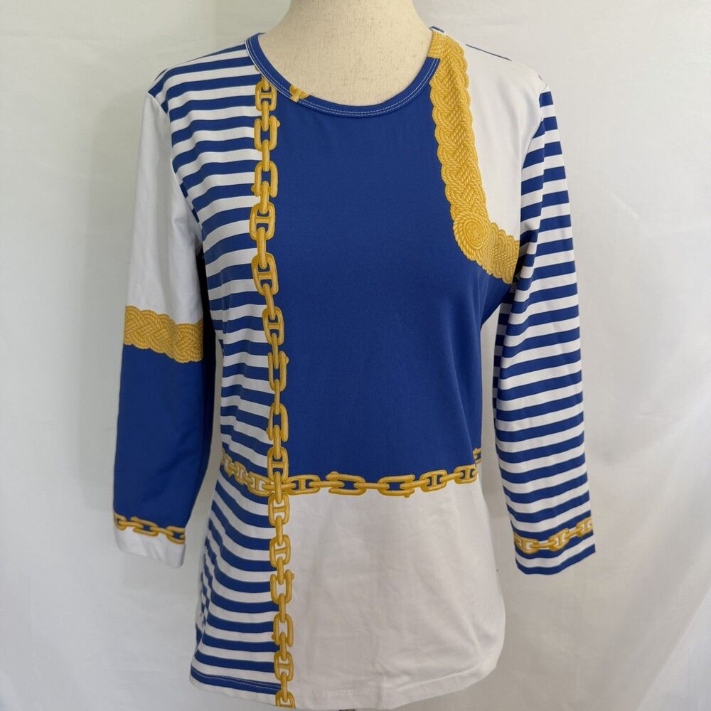 J. McLaughlin Blue Gold Rope Print Catalina Cloth Signature Tee Nautical Small